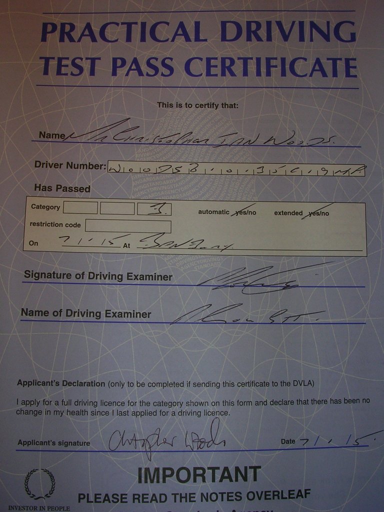 My driving practical test pass certificate